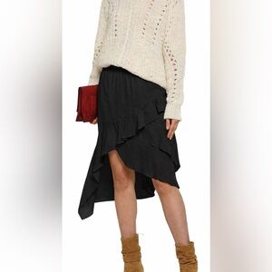 IRO Forites Midi Skirt Black Asymmetrical Gauzy Crinkled Pleated Size 34 / US 2